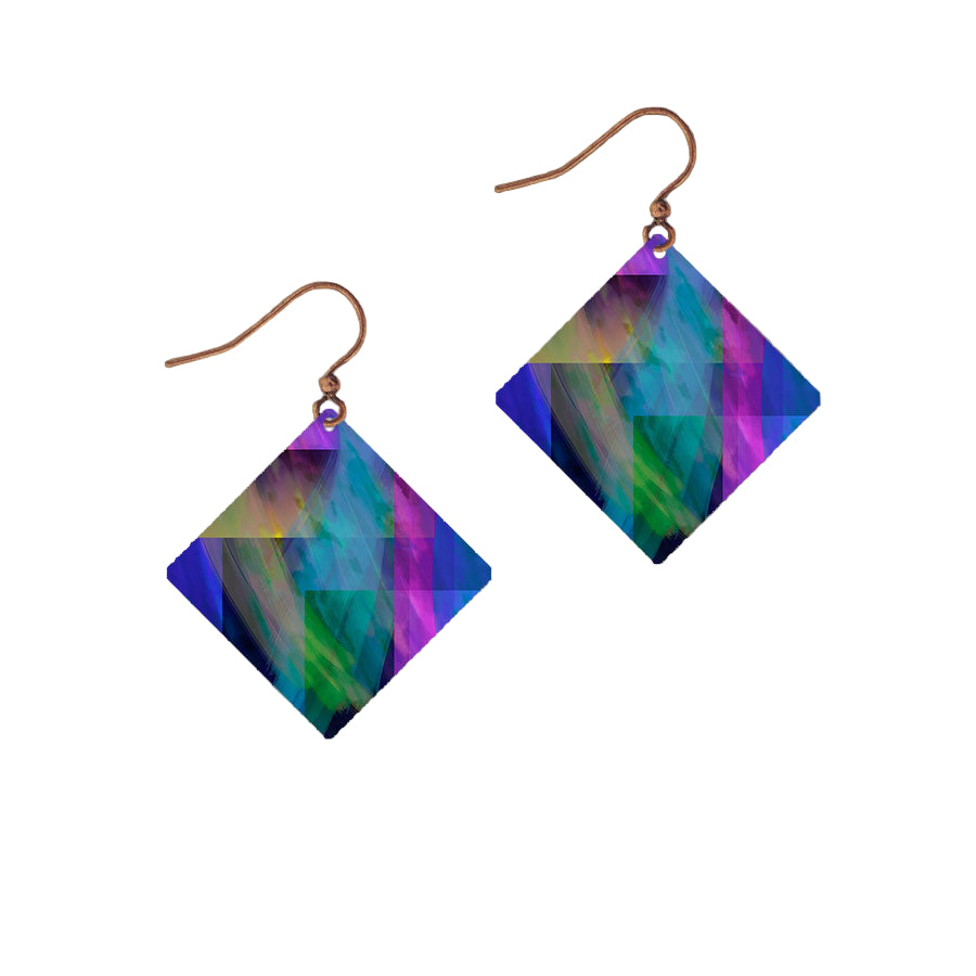 Colorful geometric earrings on a white background