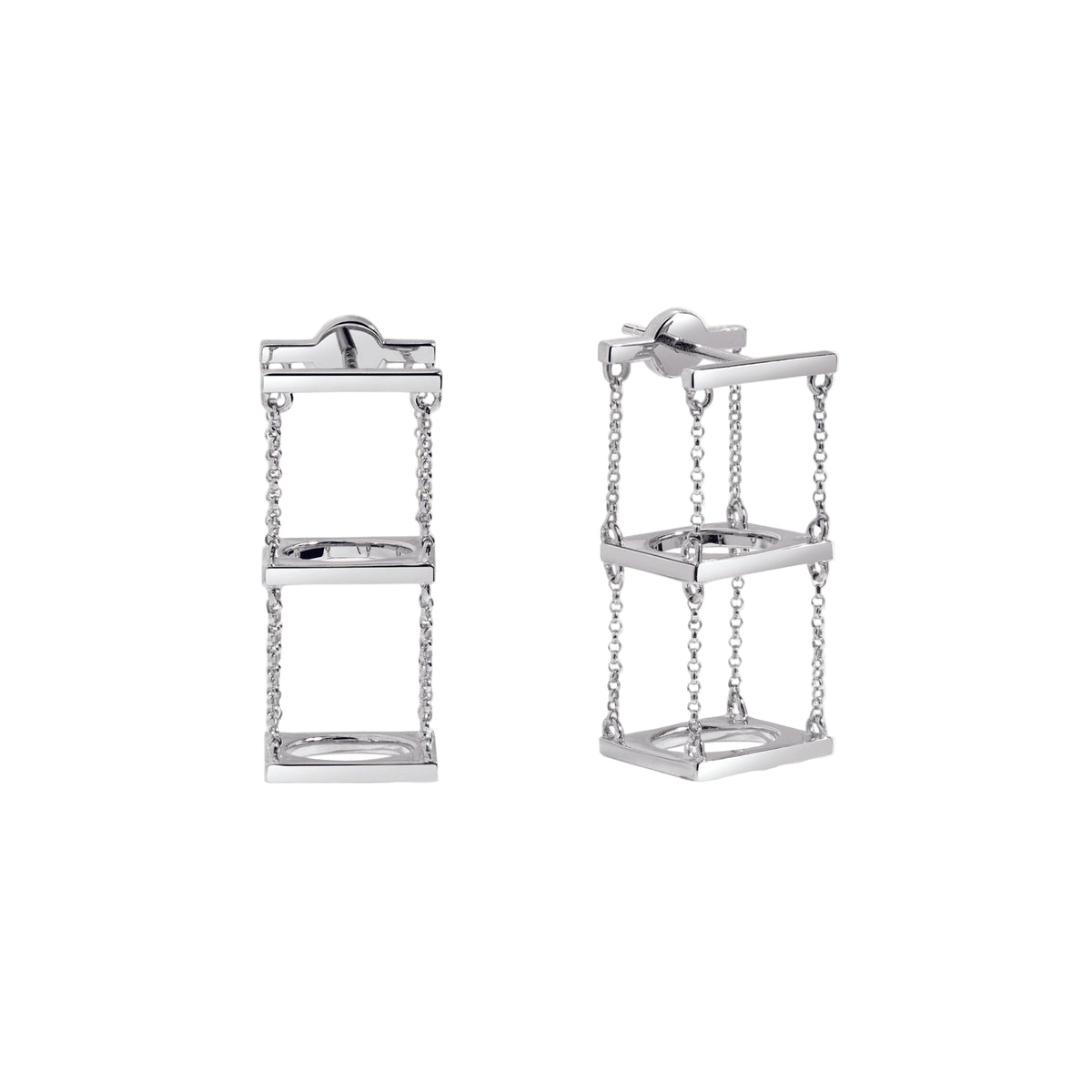 Pair of silver earrings with chain design on a white background