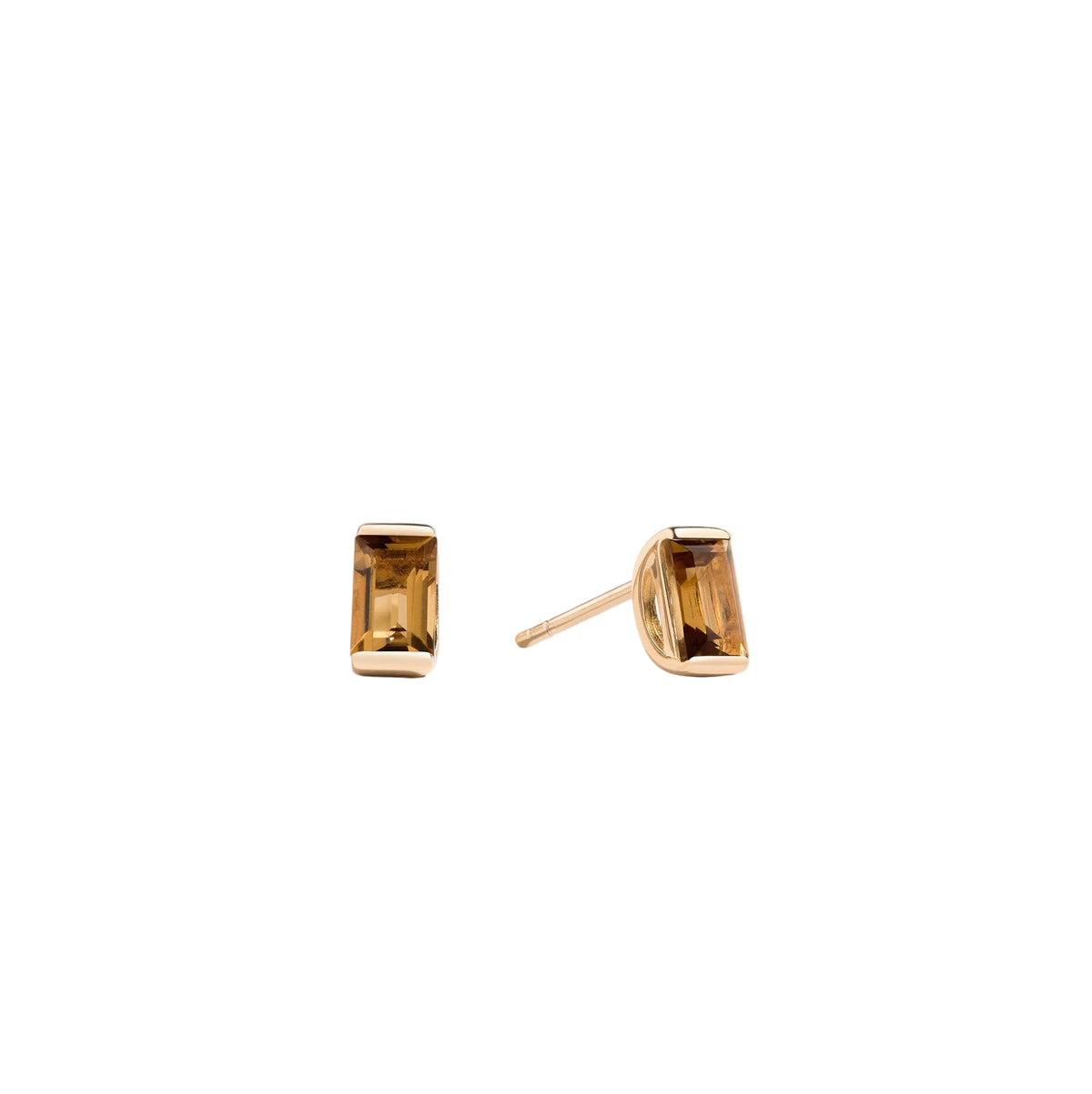 Pair of gold earrings with rectangular gemstones on a white background