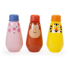 Three animal-themed bottles with colorful caps on a white background