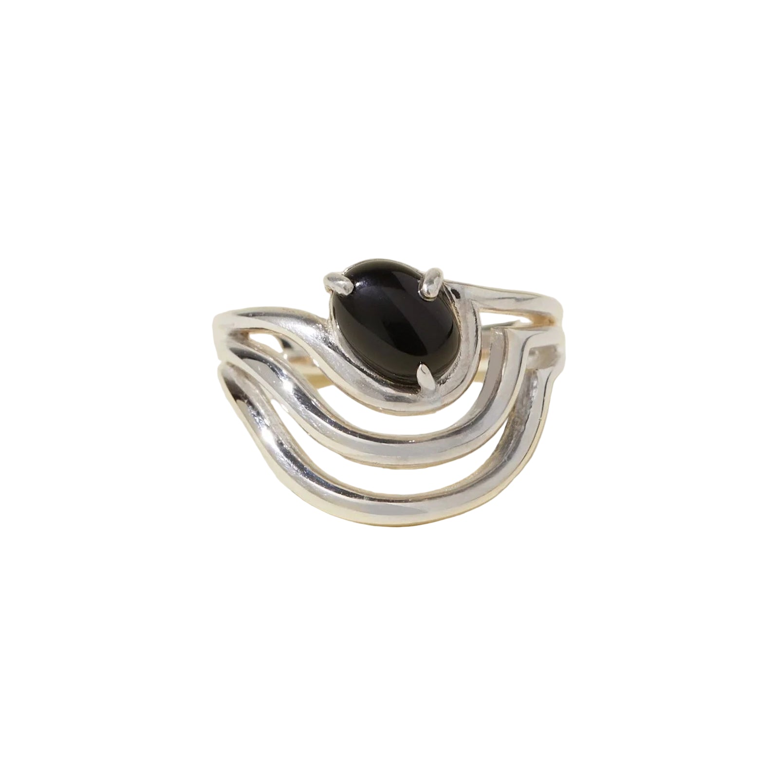 Silver ring with a black gemstone on a white background