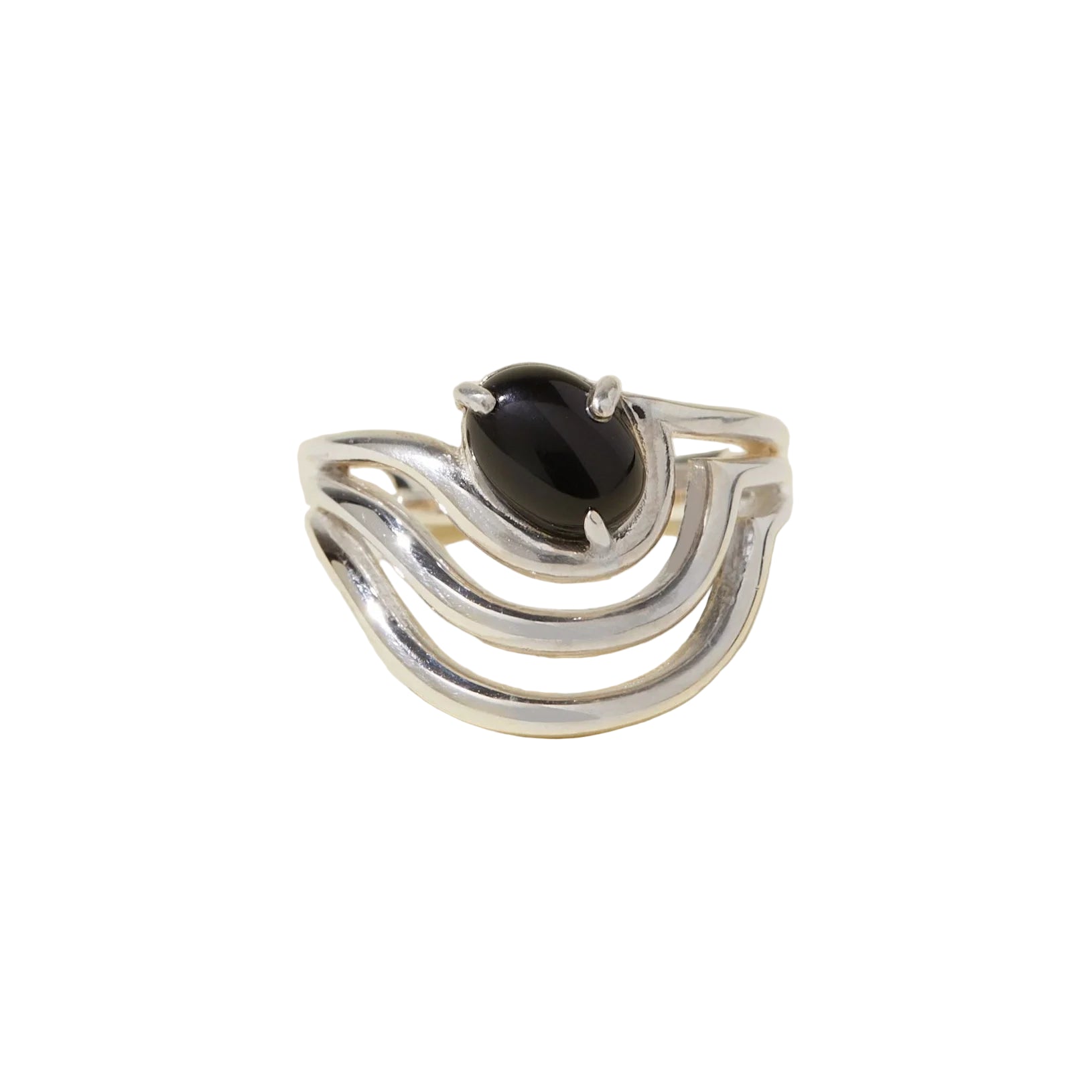 Silver ring with a black gemstone on a white background