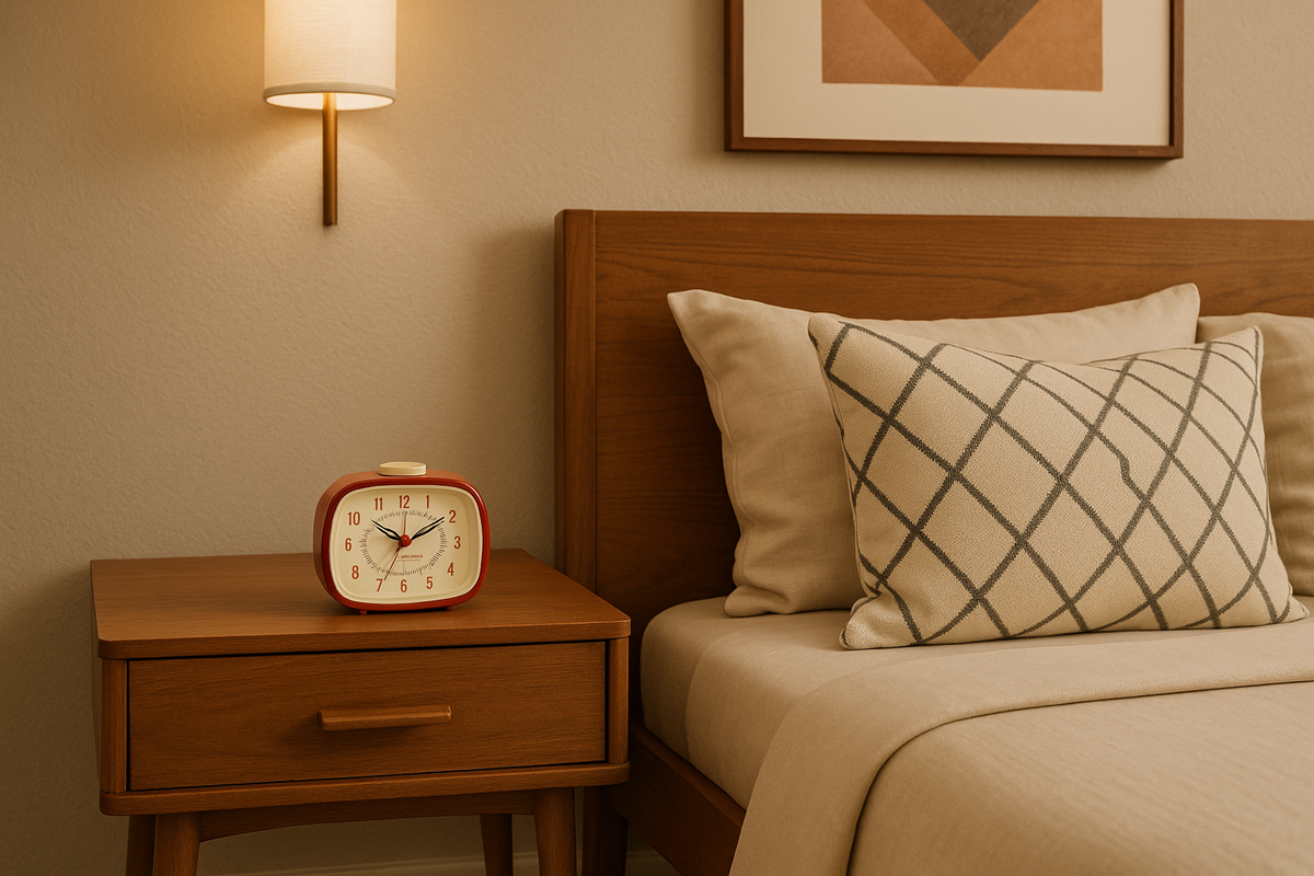Modern mid-century bedroom with properly sized retro alarm clock