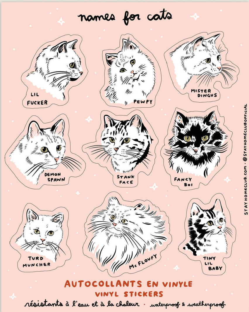 Sticker sheet with cat illustrations and humorous names on a pink background