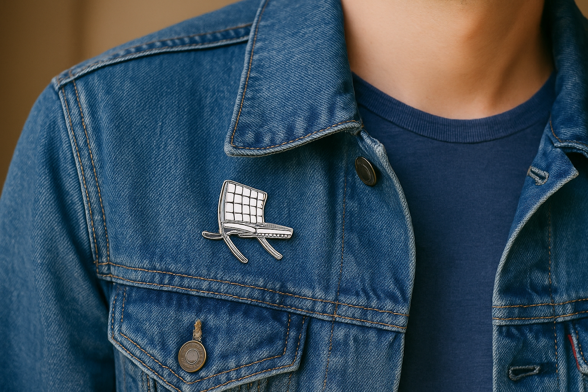 Person wearing Barcelona chair pin on denim jacket