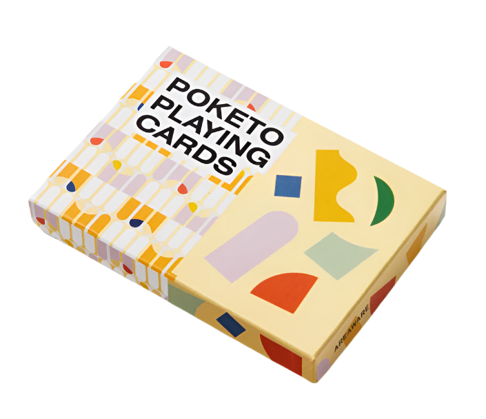 text saying "Poketo playing cards" with geometric design on a white background