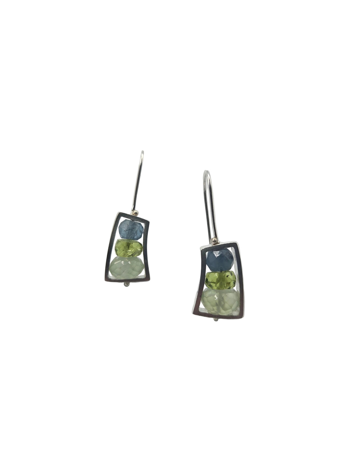 Short Wedge Earrings, French Wire - Blue Green Brushed Silver