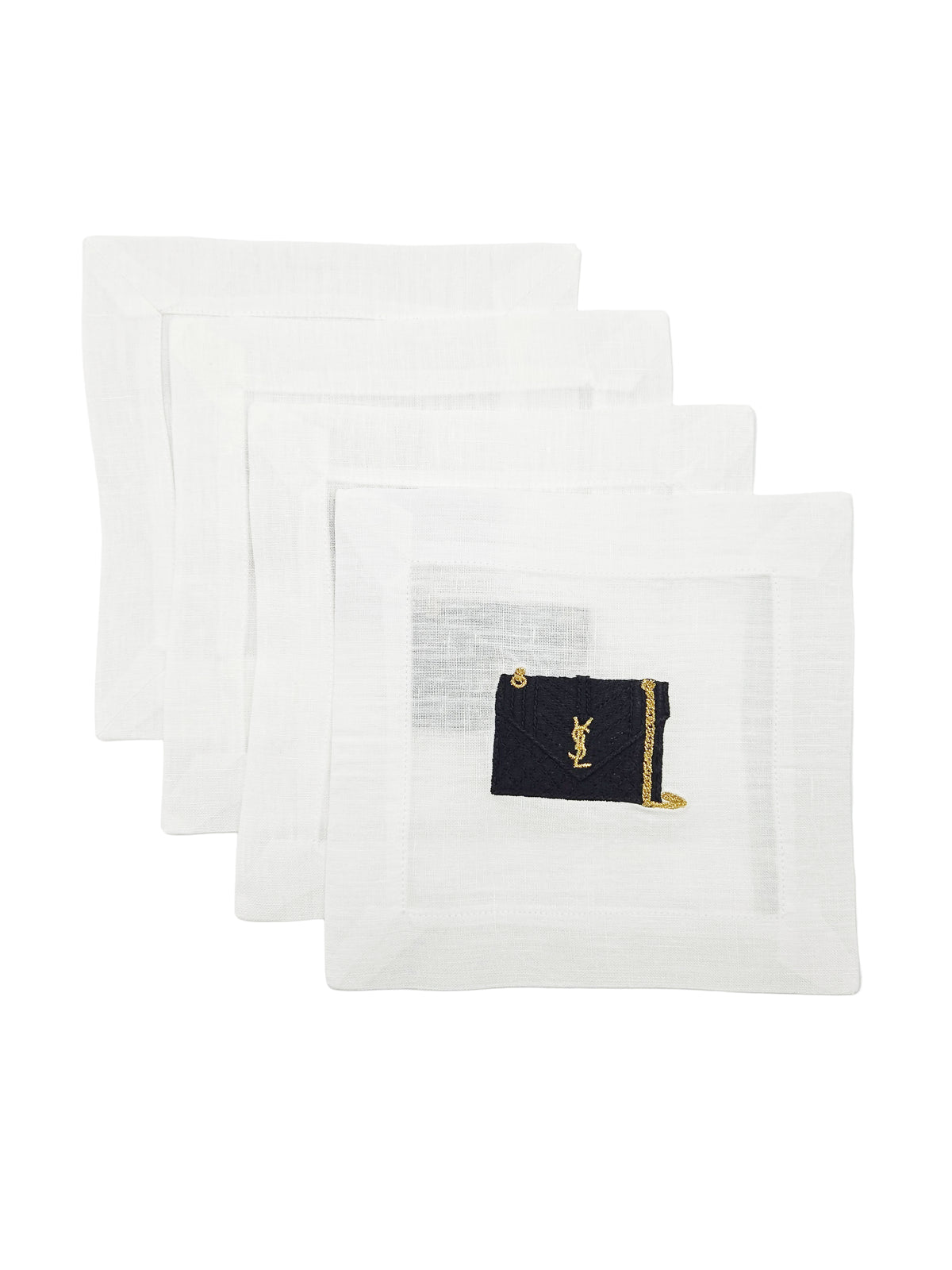 Set of 4 YSL Hand Bag Linen Embroidered Cocktail Napkins
