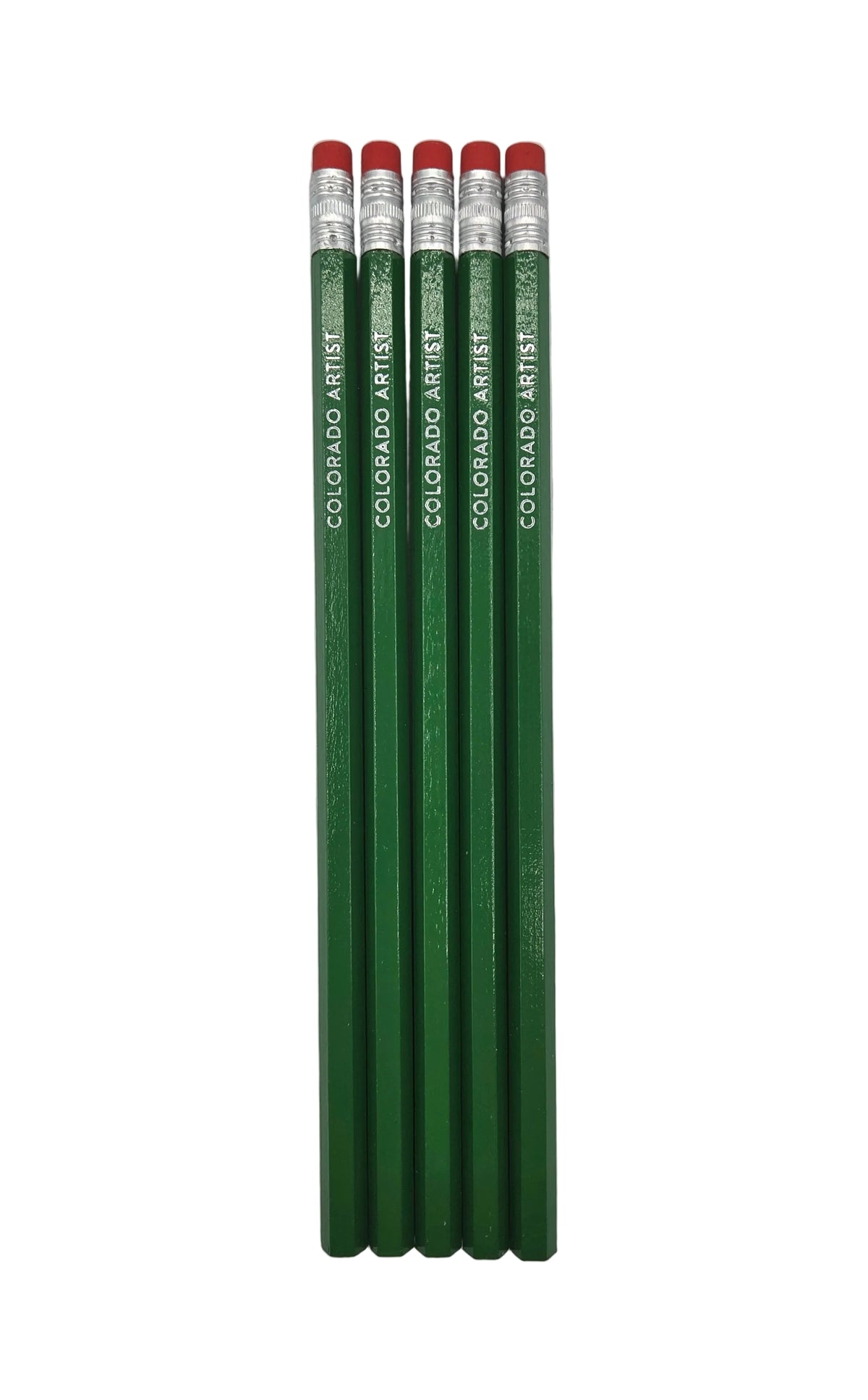 Four green pencils with red erasers on a white background