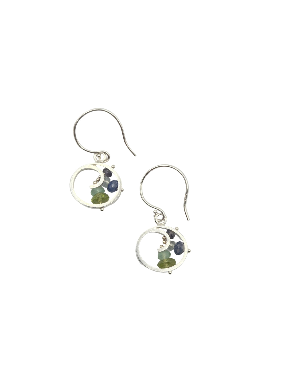 Mini Spiral Earrings, Dangle - Blue Green Brushed Silver