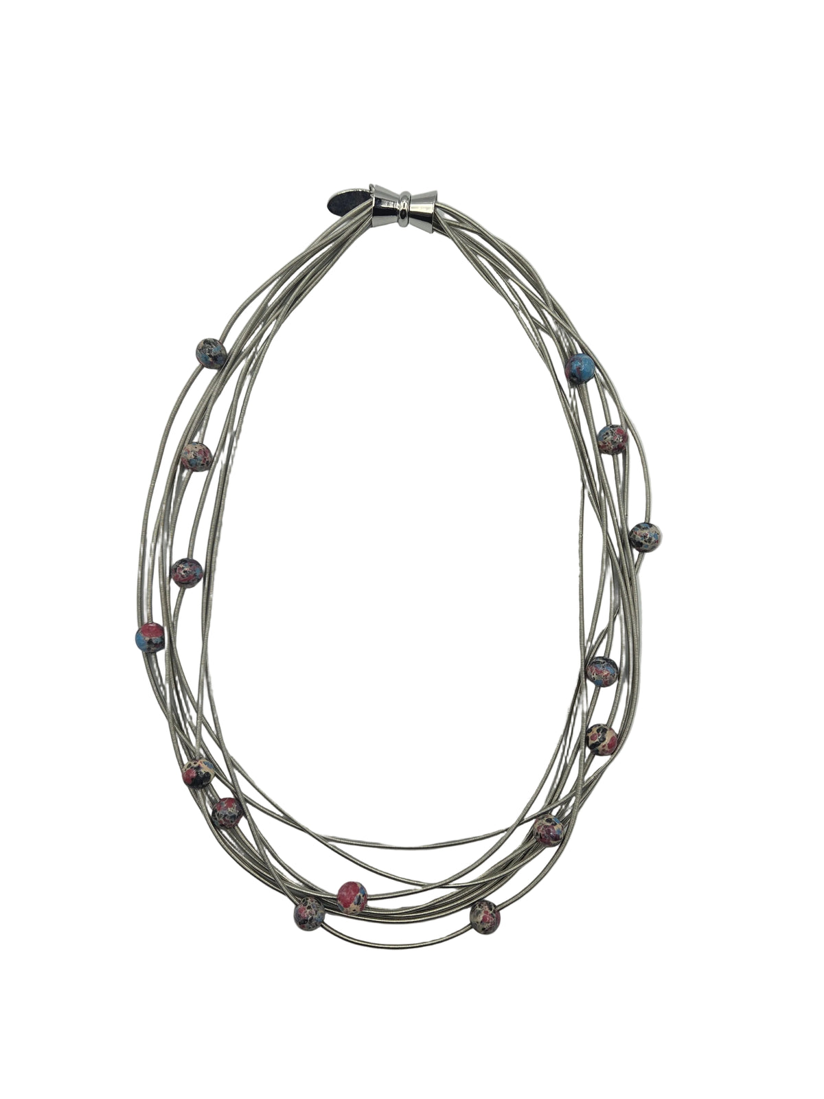 Silver Wire Necklace with Colorful Porcelain Beads
