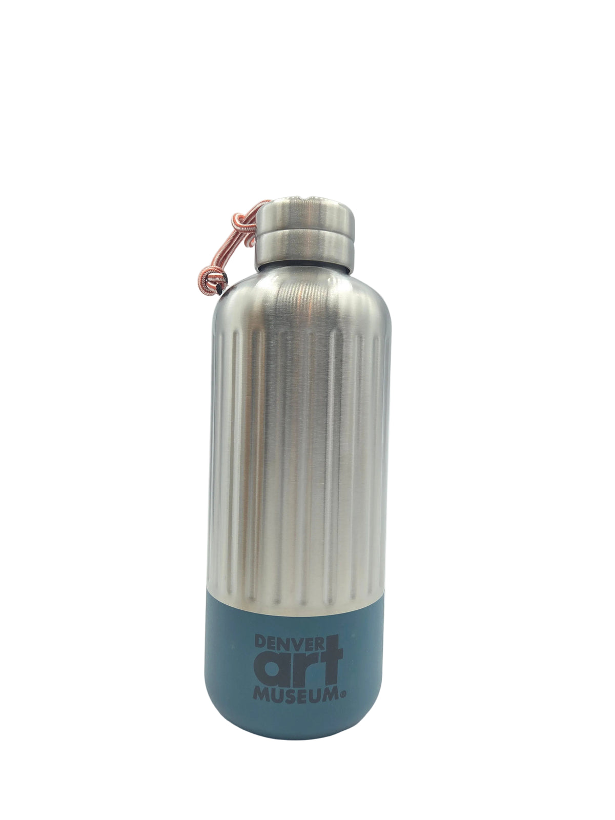 Stainless steel water bottle with blue label on a white background