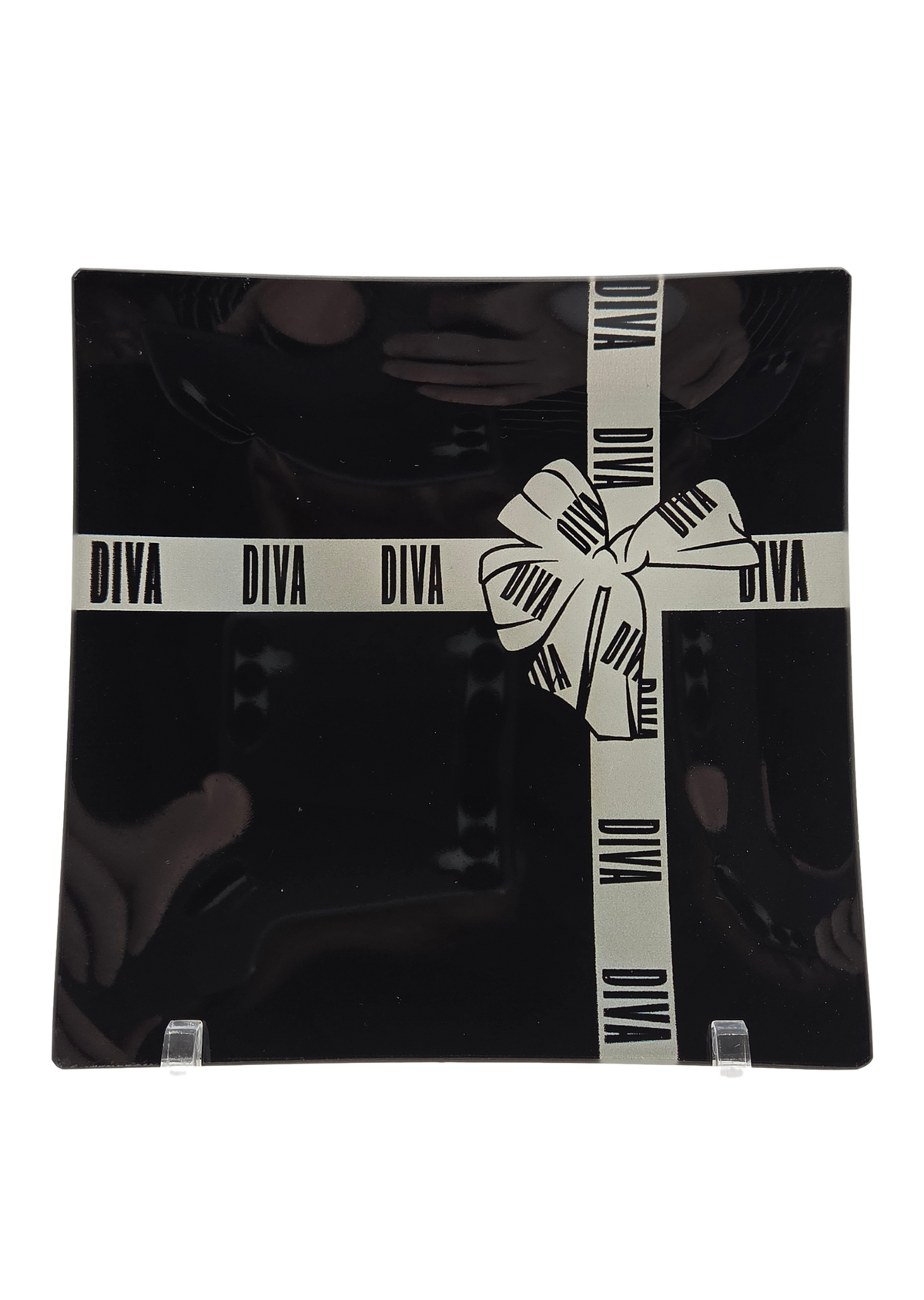 Black Glass Tray with White DIVA Bow