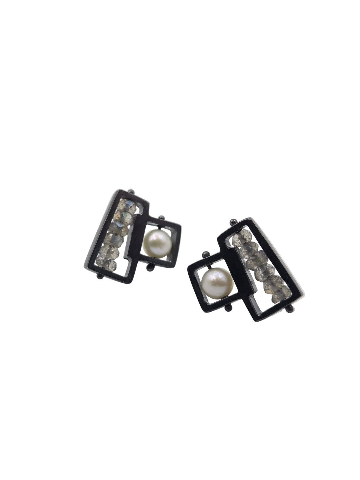 Mini Rectangle and Square Earrings Labradorite and Pearl Blackened Silver