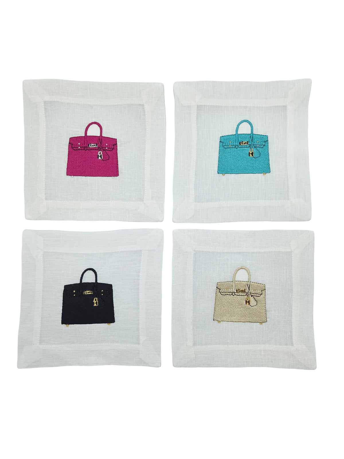Set of 4 Hermes Pocketbook Linen Embroidered Cocktail Napkins