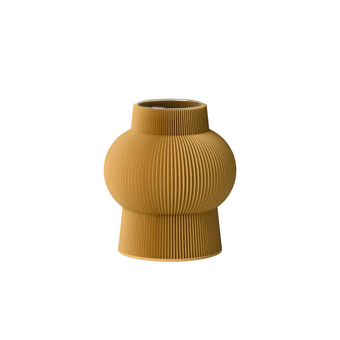 Mustard yellow ribbed vase on a white background