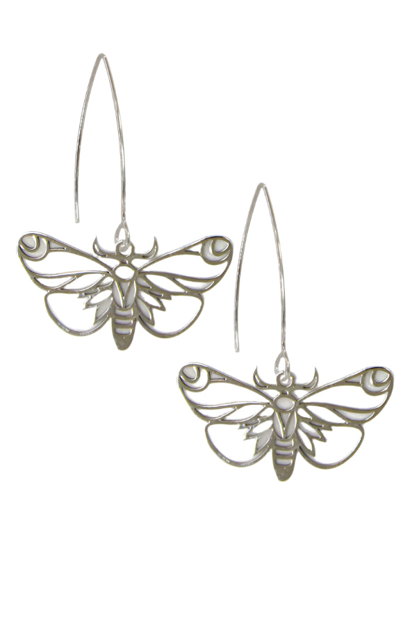 Silver moth-shaped earrings on a white background