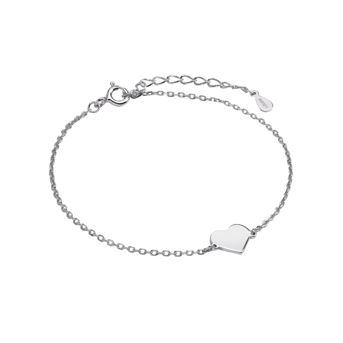 Silver bracelet with a heart-shaped charm on a white background