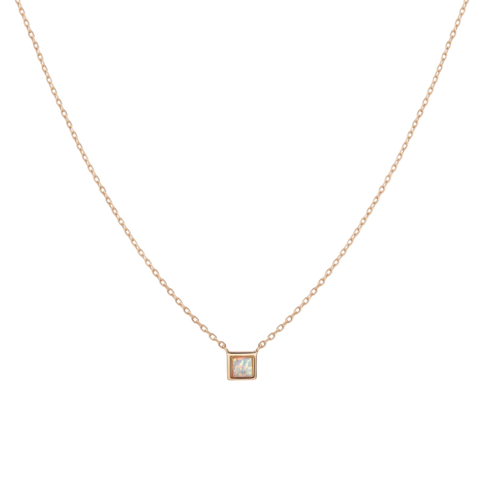 gold necklace with a square-cut opal pendant on a white background