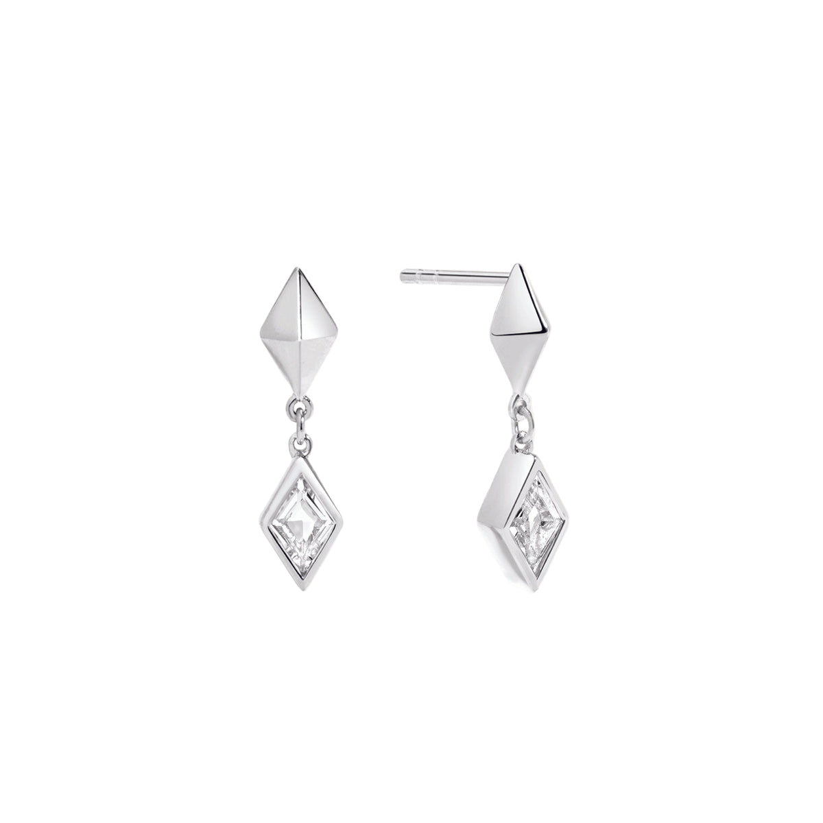Pair of diamond-shaped silver earrings on a white background