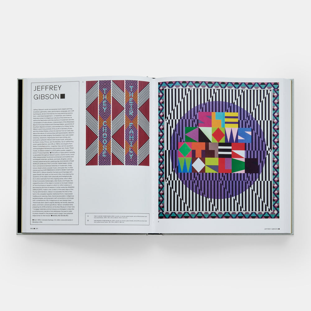 Photographs of  colorful Jeffrey Gibson artwork and black text.