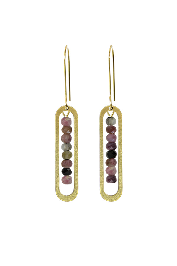 Pair of earrings with gold frame and multicolored beads on a white background