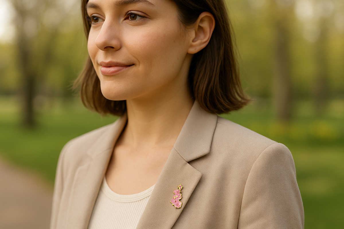 Woman wearing realistically sized orchid pin on spring jacket outdoors